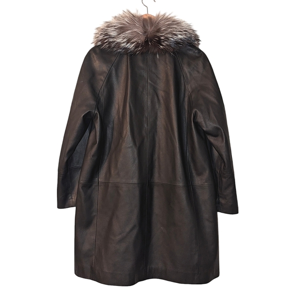 Lamb Fox Fur Collar Genuine Leather Brown Button Front Tunic Jacket Coat Small - Picture 2 of 12